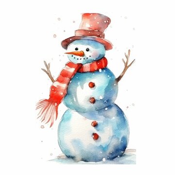 Watercolor cute snowman isolate on white background