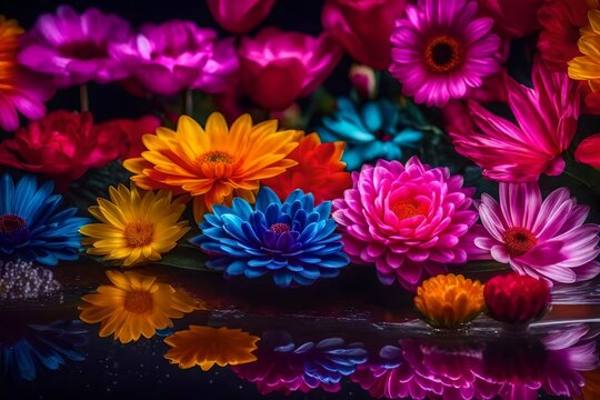 A mesmerizing HD photograph featuring the seamless integration of lively liquid colors on a simple backdrop, enhanced by the presence of artistic flower designs for a touch of elegance