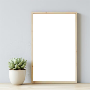 Minimalistic frame home decor with copy space for text. blank frame with succulent on the desk. white frame or transparent frame.  frame mockup on the table