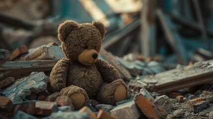 Brown Teddy Bear Sitting on Rubble