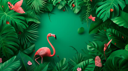 Summer tropical exotic frame with green tropical leaves, pink flamingo and pink butterfly and some green tropical elements. Design background for card, invitation, poster. Generative AI