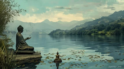 Papier Peint photo autocollant Himalaya A serene Phewa Lake scene with "September 20th" for Nepal's Constitution Day, the Himalayas in the background and a peaceful Buddha statue. 