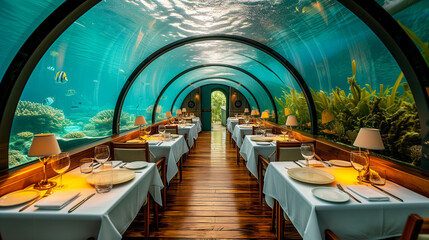 underwater restaurant with a panoramic view of a vibrant coral reef, offering a unique dining experience - obrazy, fototapety, plakaty