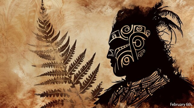 A silhouette of a Maori warrior with "February 6th," incorporating traditional carvings and the silver fern, for New Zealand's Waitangi Day.