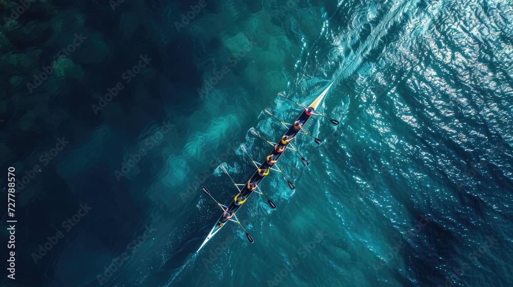 Wall mural aerial drone top ultra wide panoramic view of sport canoe rowing synchronous team of athletes compet - Wall murals