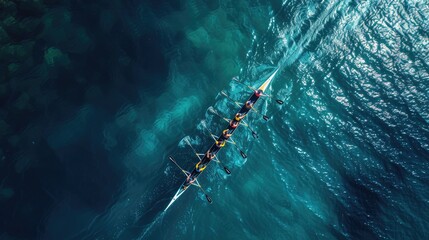 Aerial drone top ultra wide panoramic view of sport canoe rowing synchronous team of athletes competing in deep blue sea - obrazy, fototapety, plakaty