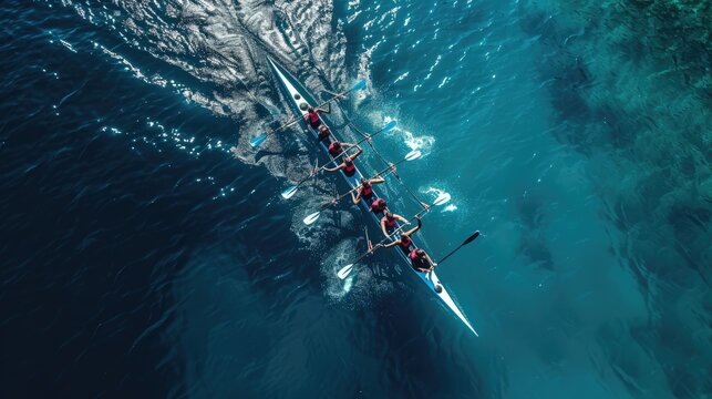 Aerial drone top ultra wide panoramic view of sport canoe rowing synchronous team of athletes competing in deep blue sea