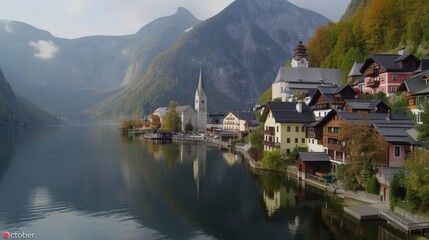 "October 26th" over Austria's Hallstatt village for National Day, with alpine motifs and edelweiss flowers adorning the corners.