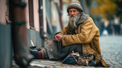 beggar sits on the street and asks for money