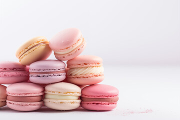 Obraz na płótnie Canvas Vibrant, stacked macarons in various colors against a clean, white backdrop. Ideal for bakery menus or dessert advertisements. Copy space available.