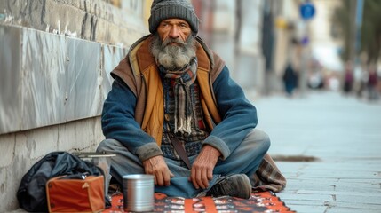 beggar sits on the street and asks for money