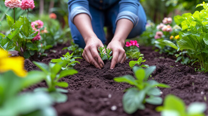 Hands planting small green plants in a garden with rich soil, surrounded by colorful flowers, depicting gardening and care for nature