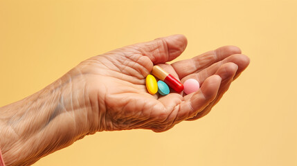 Fototapeta premium Closeup of old hand with pills, medication, healthcare, illness, pharmaceutical, prescription, drugs, vitamin, medication, pain,