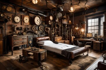 A steampunk-themed bedroom with industrial aesthetics, vintage machinery, and Victorian-inspired...