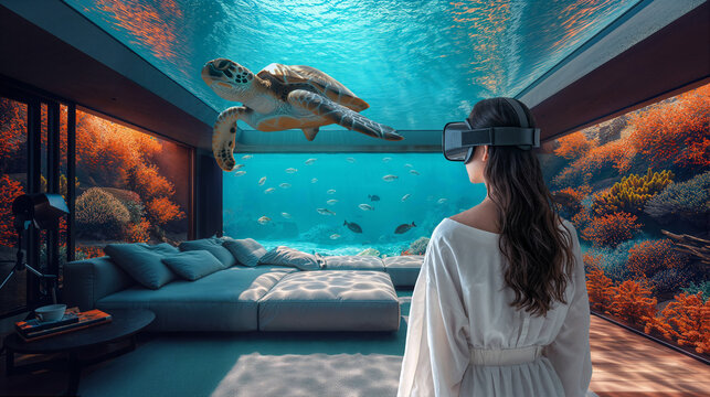 Woman wearing a VR display to view a sea turtle and underwater scenes in her bedroom