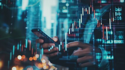 Double exposure of Financial chart with line graph in stock market and business man use smartphone background