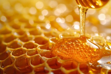 Honey Flowing From Honeycomb Into Glass