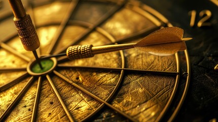 gold dart hit to center of golden dartboard. Arrow on bullseye in target. Business success, investment goal, opportunity challenge, aim strategy, achievement focus concept