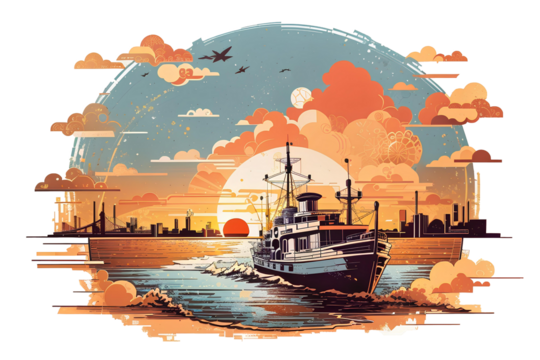 sea view and ships on transparent background, created by ai generated