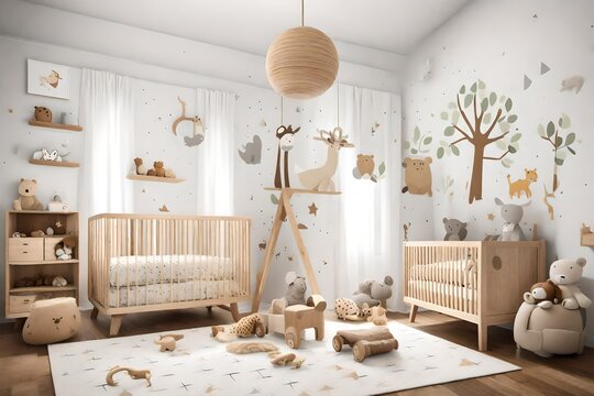 A gender-neutral baby bedroom with a neutral color palette, natural wood accents, and adorable animal-themed decor. A serene space for both play and rest