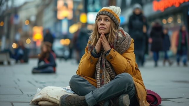 Hungry homeless beggar woman beg for money on the urban street in the city from people walking