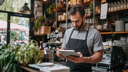 Man in restaurant tablet and inventory check small business