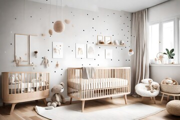 A Scandinavian-style baby nursery with minimalist furniture, neutral colors, and cozy textiles. A...