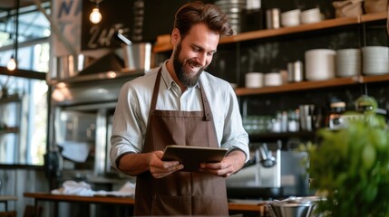Man in restaurant tablet and inventory check small business