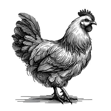 recommend clip art: Detailed Black and White Illustration of a Chicken Standing, white background