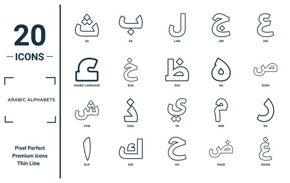 arabic alphabets linear icon set. includes thin line sa, arabic language, syin, alif, ghain, zha, ra icons for report, presentation, diagram, web design
