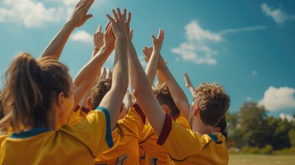Soccer, team high five and men celebrate winning at sports competition or game with teamwork on...