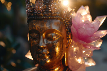 golden glowing buddha with a crystal lotus flower