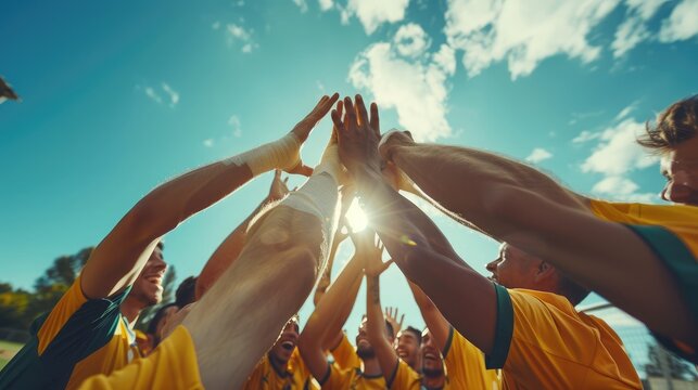 Soccer, team high five and men celebrate winning at sports competition or game with teamwork on field. Football champion group with motivation hands for a goal, performance and fitness achievement
