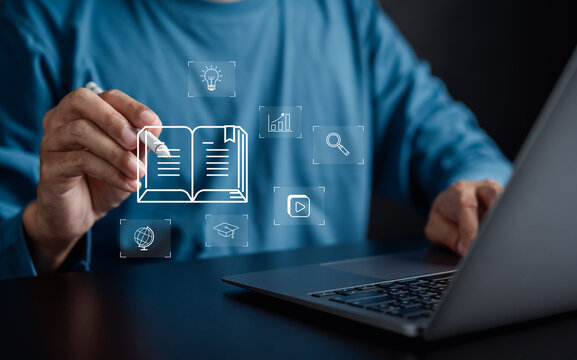 Man touching virtual book online classroom education and seminar with learning icon.