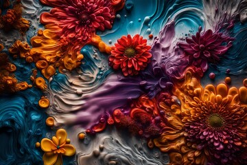 Striking HD image showcasing the fusion of colorful liquids in a modern artwork, accented by artistic flower motifs against a simple backdrop