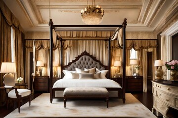 A luxurious master bedroom with a four-poster bed, opulent furnishings, and decadent details, radiating sophistication and opulence