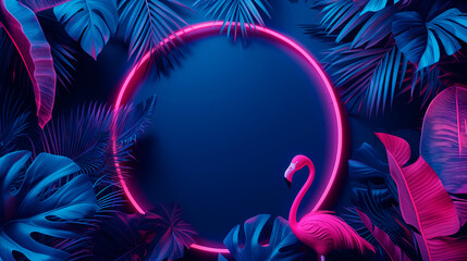 Glowing neon light with tropical monstera leaf and pink flamingo. Leaves and branches of palm trees. Generative AI. Neon frame blank space for text, flat lay, view from above