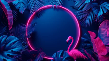 Gordijnen Glowing neon light with tropical monstera leaf and pink flamingo. Leaves and branches of palm trees. Generative AI. Neon frame blank space for text, flat lay, view from above © Shi 