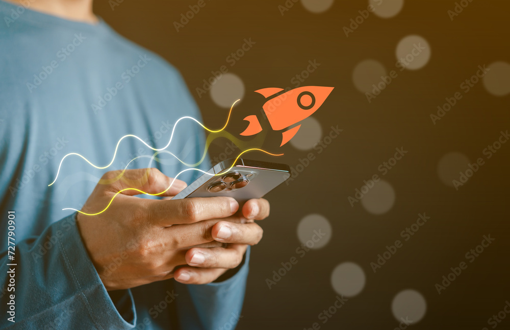 Aufkleber businessman rocket launch investment growth, planning and starting corporate business start up aimin