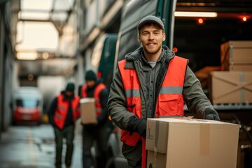 Man Holding Box in Orange Vest