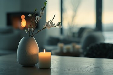 Vase With Flower and Candle on Table - obrazy, fototapety, plakaty