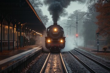 A Train Approaching on Nighttime Tracks - obrazy, fototapety, plakaty