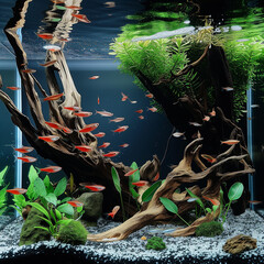 driftwood aquascape, aquascaped aquarium, nano tank, photography, aquarium driftwood, aquarium stone, cardinal tetra fish swimming in a group in the front