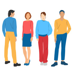 Obraz premium Set of young men and women , different colors, cartoon character, group of silhouettes of standing business people, students, design concept of flat icon, isolated on white background