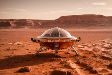 Fototapeta na wymiar spacecraft module landed on the surface of mars to explore the terrain - ai generative image