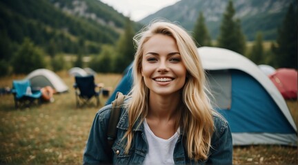 Portrait of a happy smiling beautiful young blonde woman on camping site at the mountain with a tent on the background from Generative AI