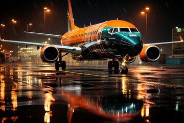 Shimmering civil aircraft with vibrant lights on runway against stunning urban cityscape