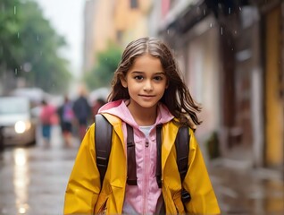 Fototapeta premium Girl kid walking back to school in city street, a rainy day from Generative AI