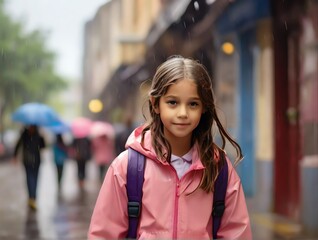 Girl kid walking back to school in city street, a rainy day from Generative AI