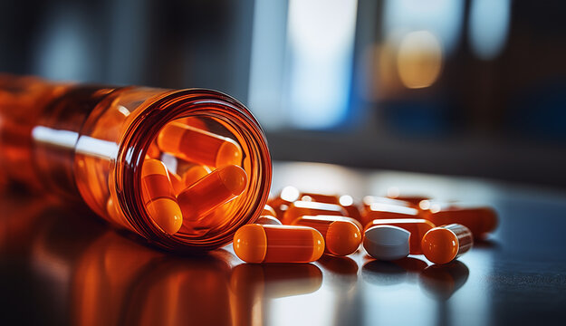 Colorful tablets with capsules and pills on table and blurred background